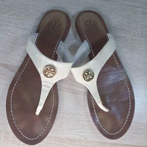 Tory Burch Miller Patent Leather Sandals Ivory Logo Thong Flip Flop Size 7.5